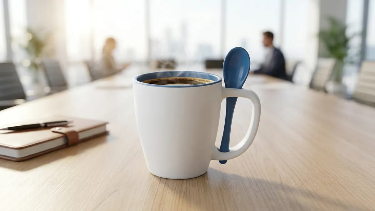 Custom insulated stir and sip mug with coffee on a conference room table — Brandevois