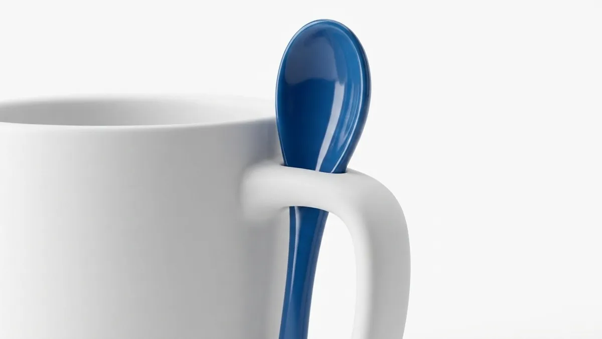 Color-matched spoon stored in the handle channel of a custom insulated stir and sip mug — Brandevois