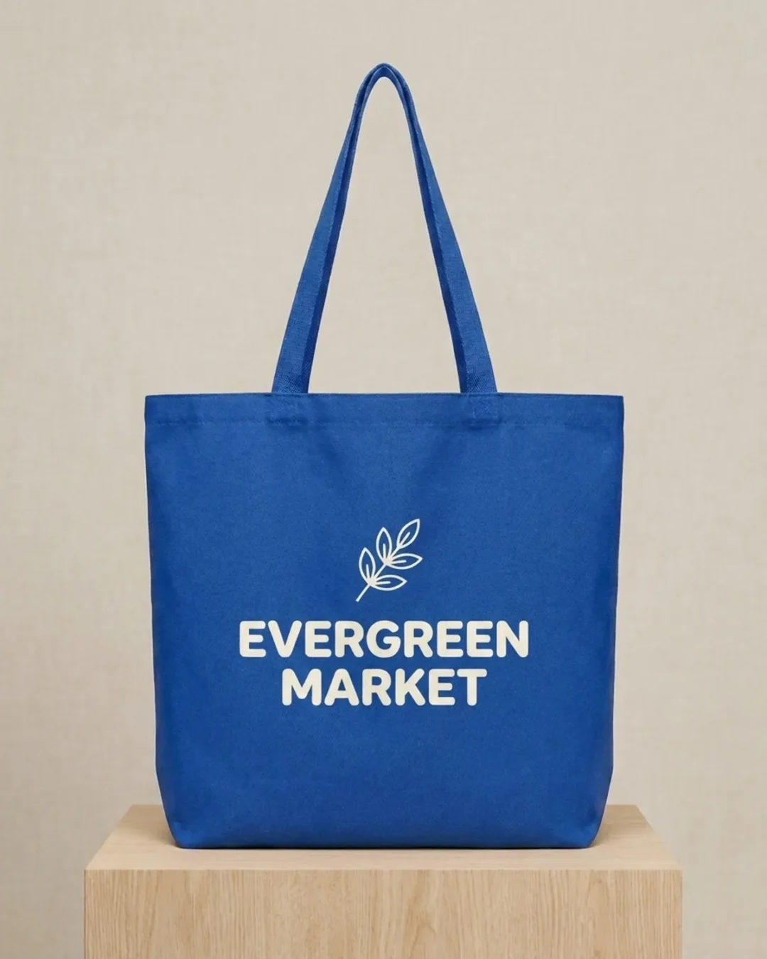 Custom reusable grocery bag, extra-large 12 oz cotton canvas tote with gusset, in Royal Blue with a screen-printed logo, imprint example