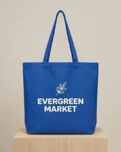 Custom reusable grocery bag, extra-large 12 oz cotton canvas tote with gusset, in Royal Blue with a screen-printed logo, imprint example