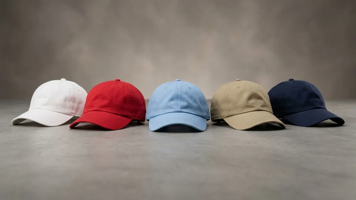 Custom unstructured cotton twill caps in several colors lined up — Brandevois