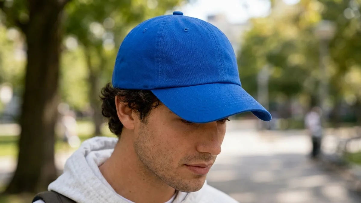 Person wearing a custom embroidered unstructured cotton twill cap — Brandevois