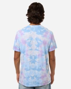 Custom tie-dye shirts in Dusk, Colortone Vintage crumple-dyed tee, on-model back