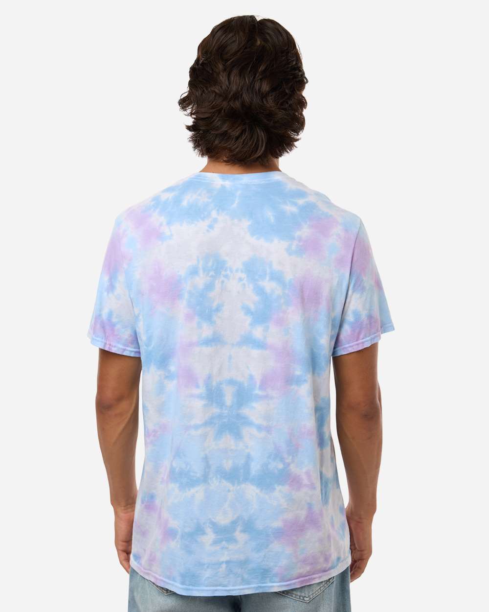 Custom tie-dye shirts in Dusk, Colortone Vintage crumple-dyed tee, on-model back