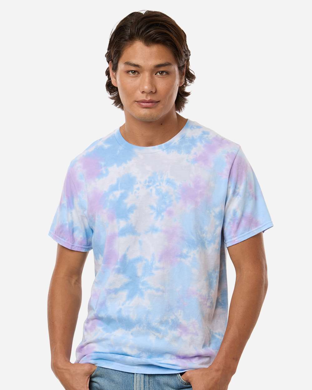 Custom tie-dye shirts in Dusk, Colortone Vintage crumple-dyed tee, on-model front