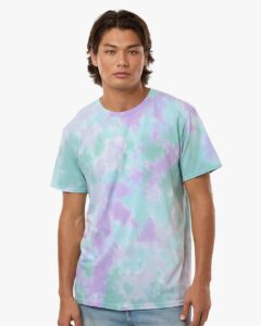 Custom tie-dye shirts in Siren, Colortone Vintage crumple-dyed tee, on-model front