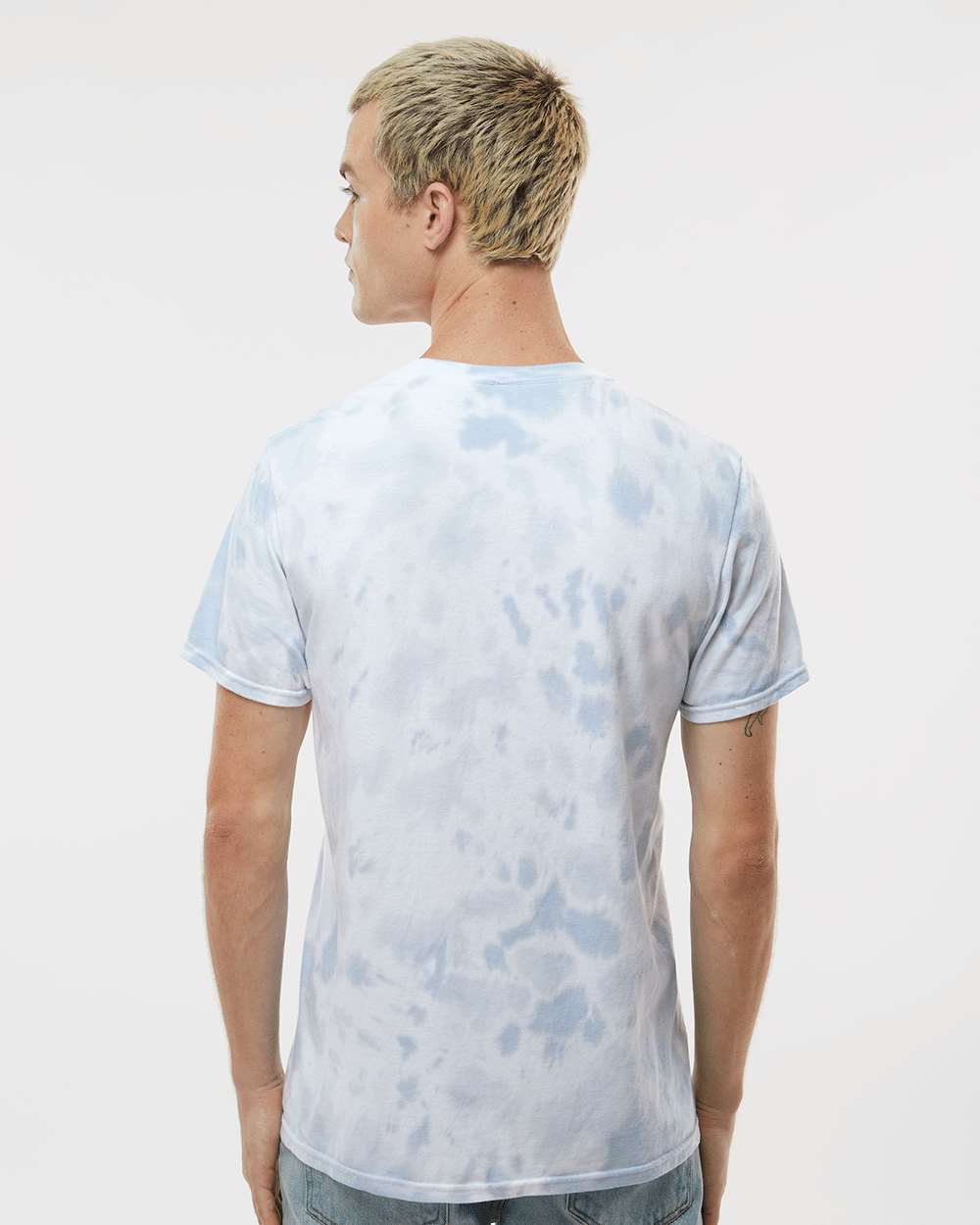 Custom tie-dye shirts in Storm, Colortone Vintage crumple-dyed tee, on-model back