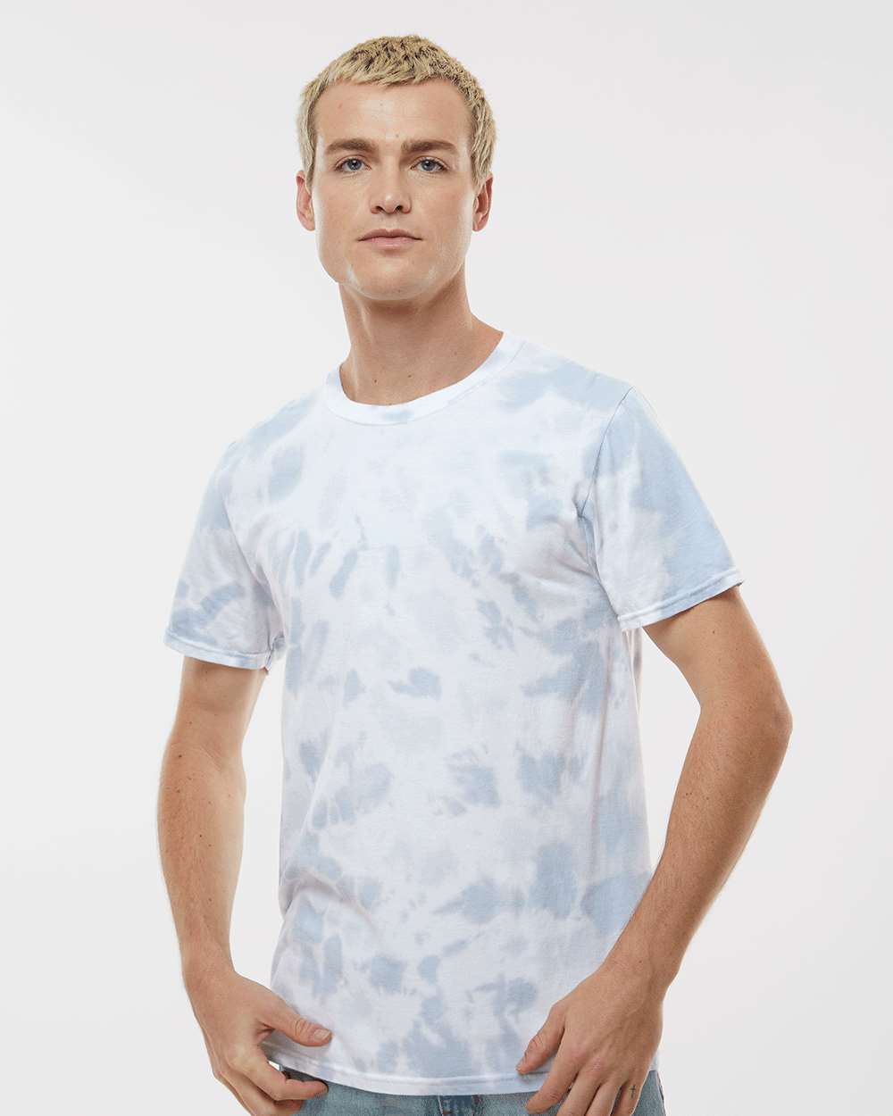 Custom tie-dye shirts in Storm, Colortone Vintage crumple-dyed tee, on-model front