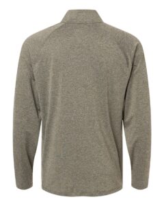 Custom embroidered quarter zips in Heather Moss, HUK Airweight heather pullover, flat back