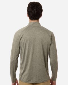 Custom embroidered quarter zips in Heather Moss, HUK Airweight heather pullover, on-model back