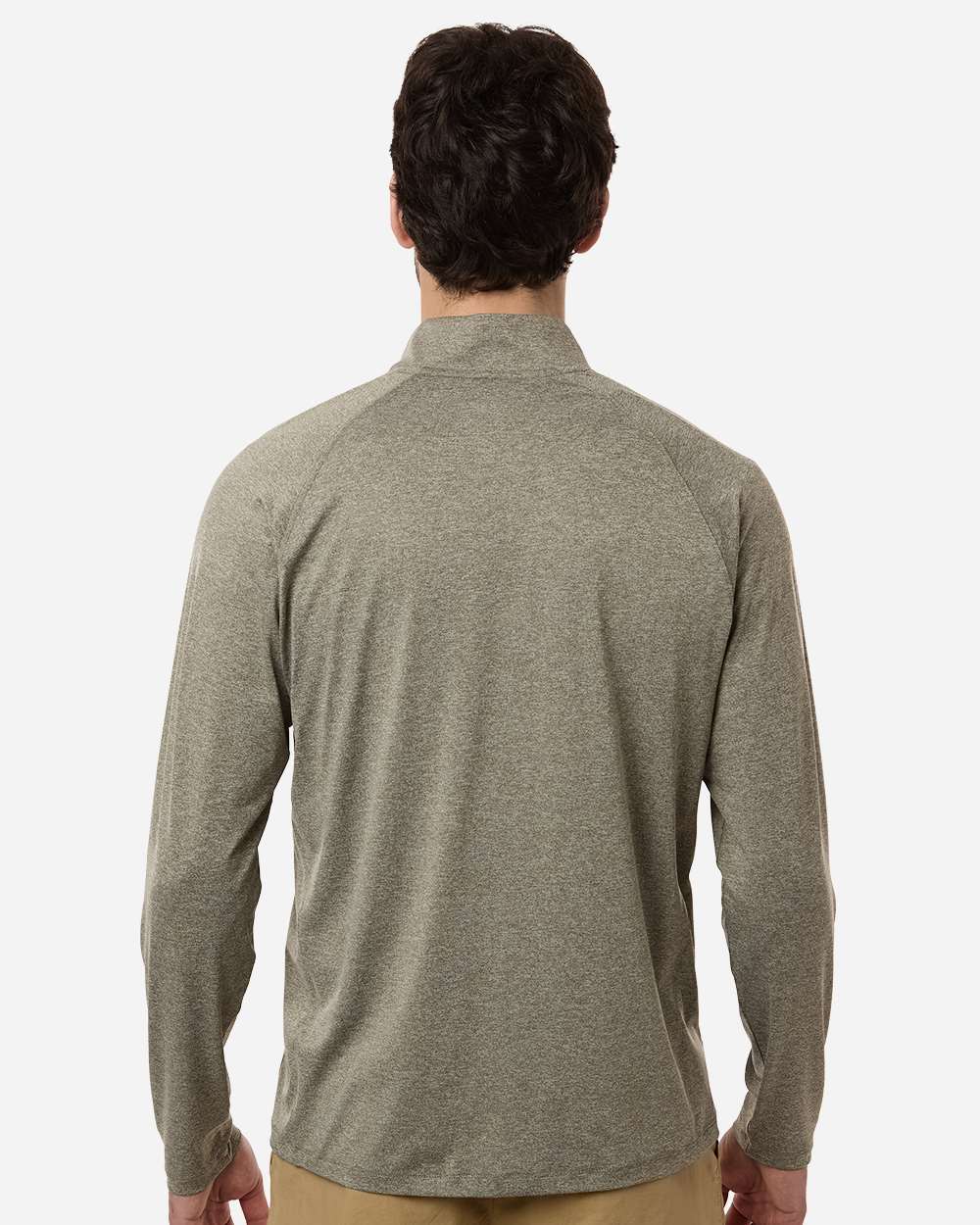 Custom embroidered quarter zips in Heather Moss, HUK Airweight heather pullover, on-model back
