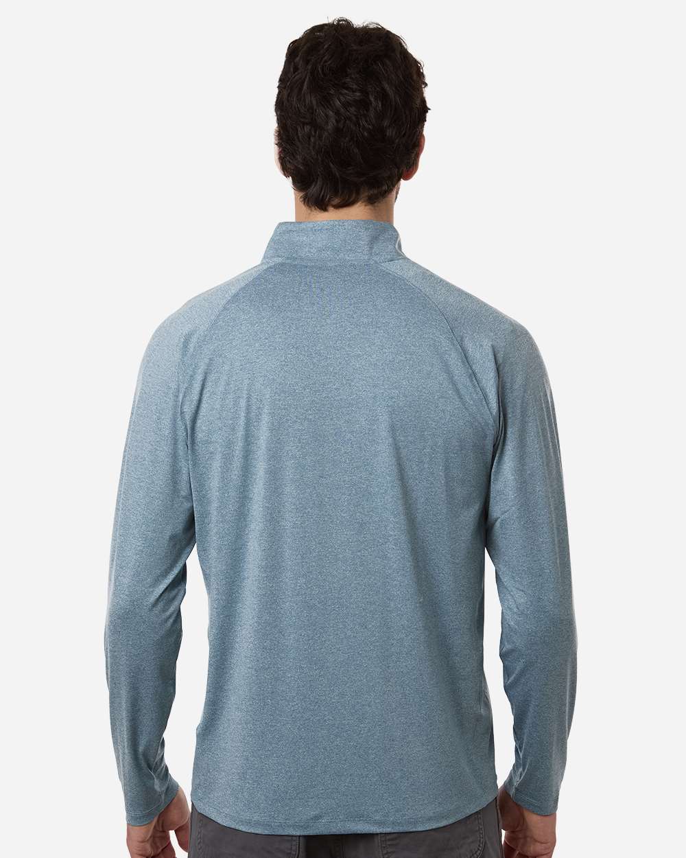 Custom embroidered quarter zips in Silverblue Heather, HUK Airweight heather pullover, on-model back