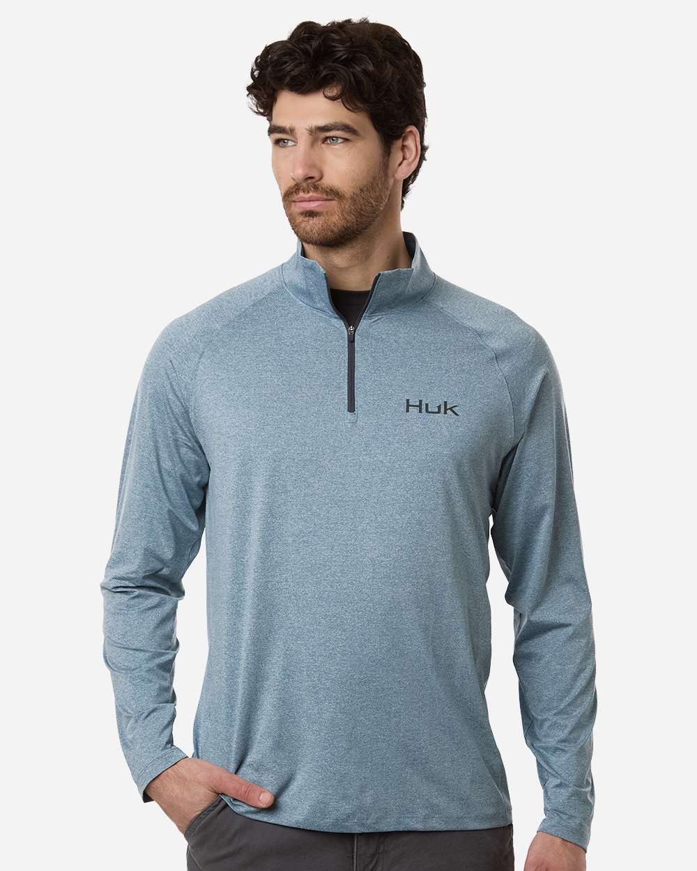 Custom embroidered quarter zips in Silverblue Heather, HUK Airweight heather pullover, on-model front