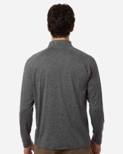 Custom embroidered quarter zips in Volcanic Ash Heather, HUK Airweight heather pullover, on-model back