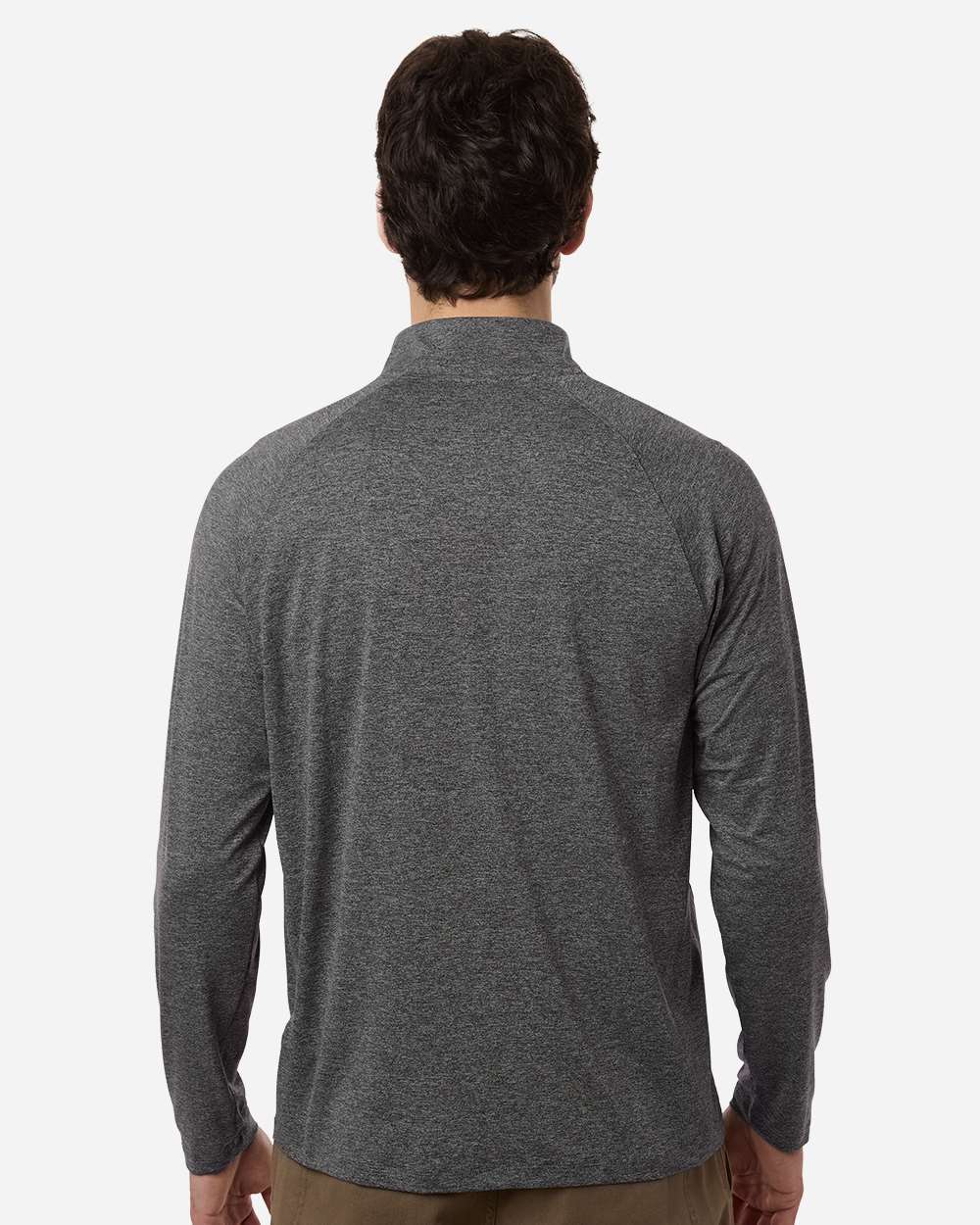 Custom embroidered quarter zips in Volcanic Ash Heather, HUK Airweight heather pullover, on-model back