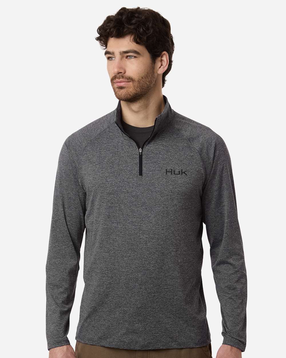 Custom embroidered quarter zips in Volcanic Ash Heather, HUK Airweight heather pullover, on-model front
