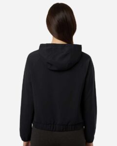 Custom sun shirts, Black women's UPF hooded pullover on model, back