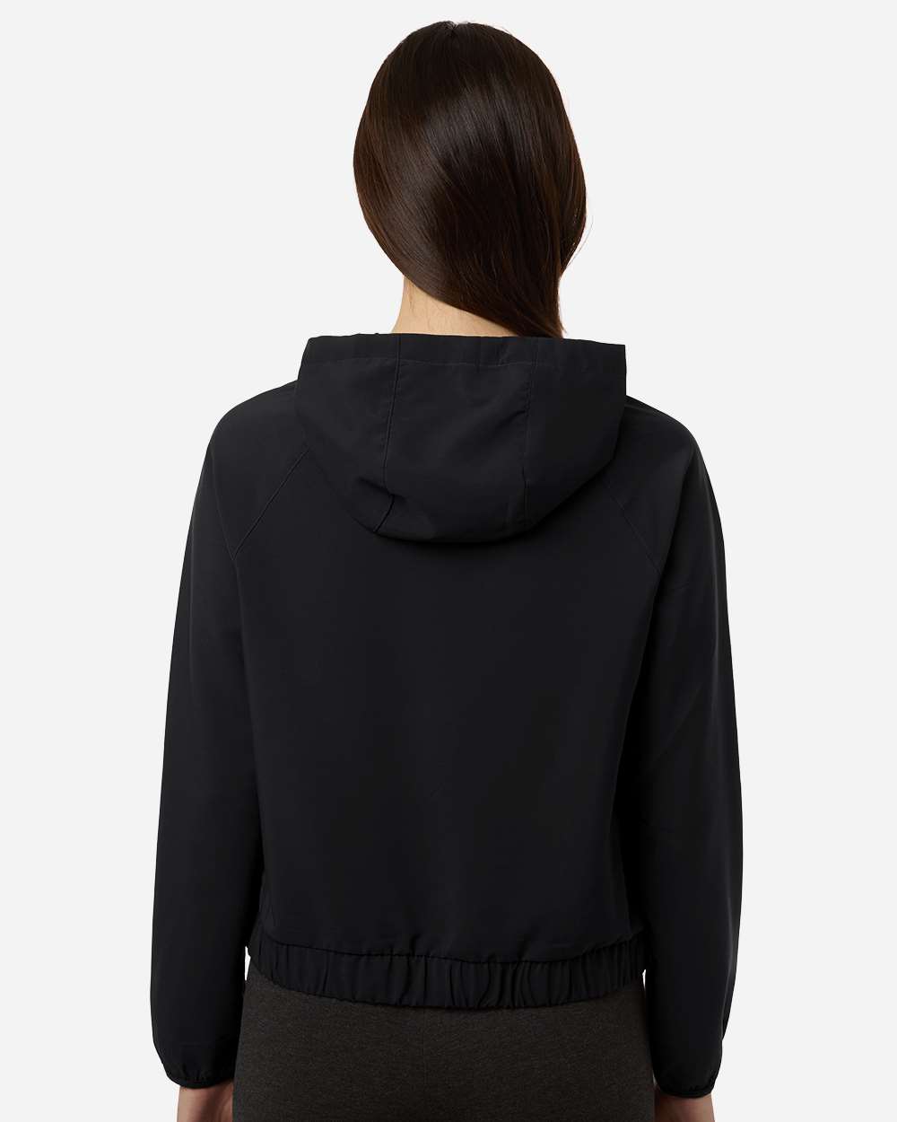 Custom sun shirts, Black women's UPF hooded pullover on model, back