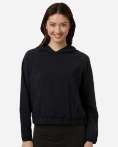Custom sun shirts, Black women's UPF hooded pullover on model, front