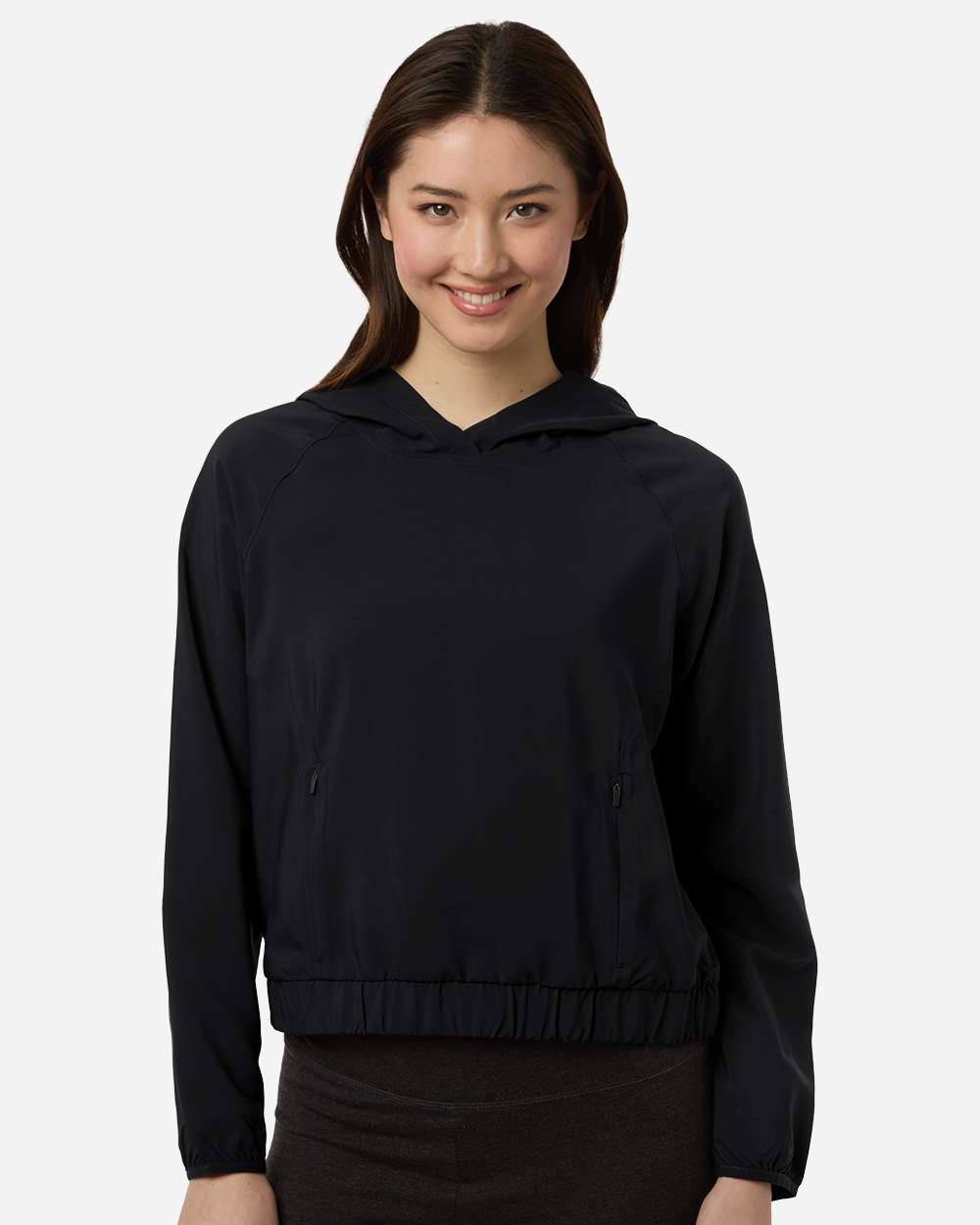 Custom sun shirts, Black women's UPF hooded pullover on model, front