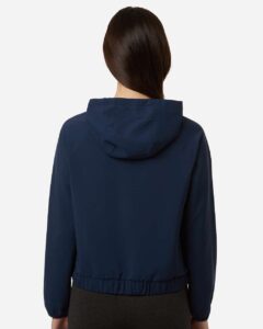 Custom sun shirts, Classic Navy women's UPF hooded pullover on model, back