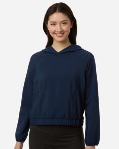 Custom sun shirts, Classic Navy women's UPF hooded pullover on model, front
