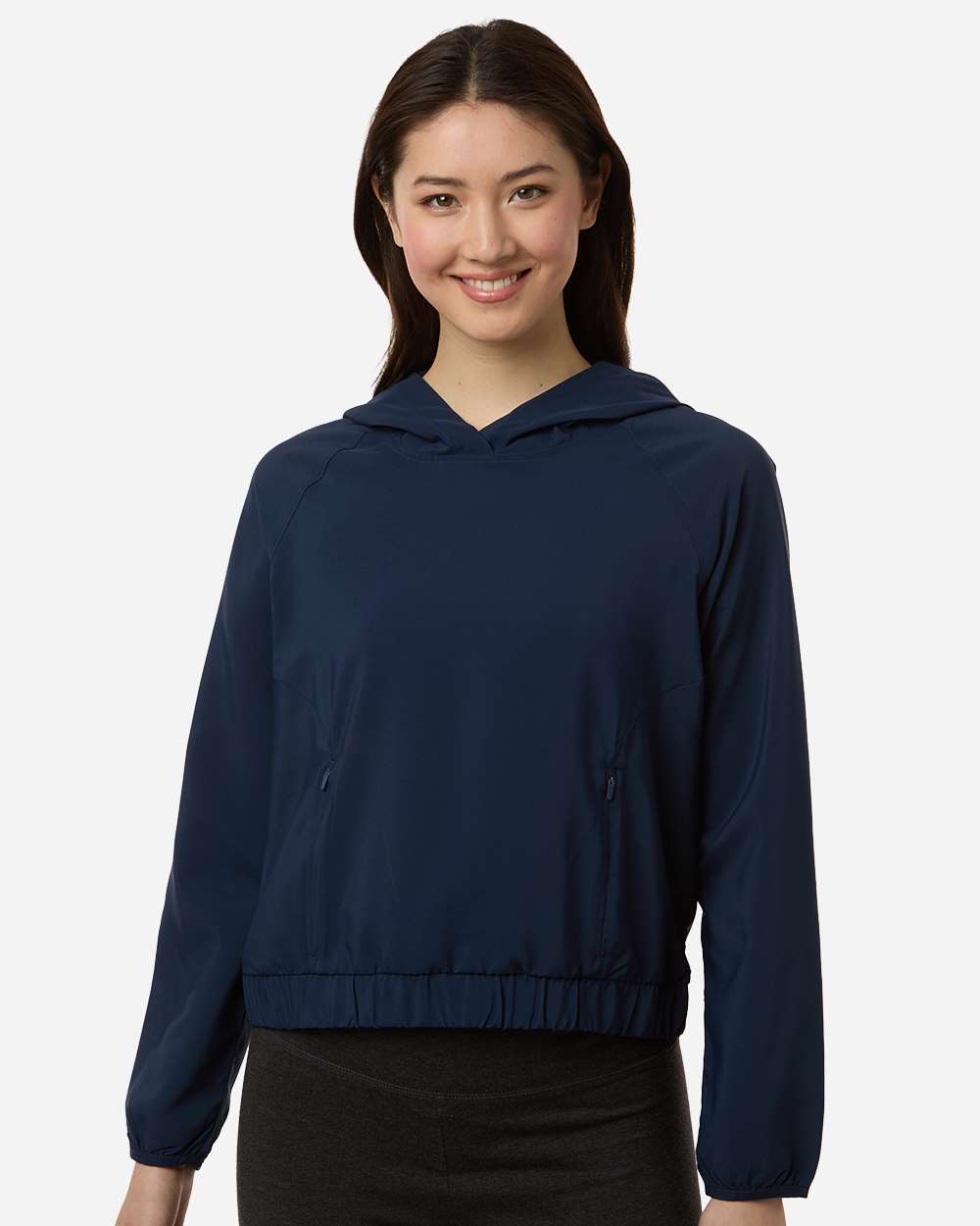 Custom sun shirts, Classic Navy women's UPF hooded pullover on model, front