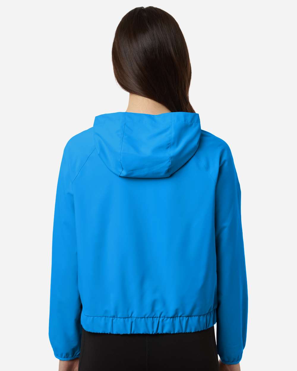 Custom sun shirts, Electric Blue women's UPF hooded pullover on model, back
