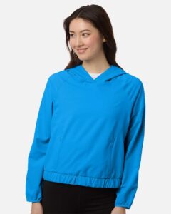 Custom sun shirts, Electric Blue women's UPF hooded pullover on model, front