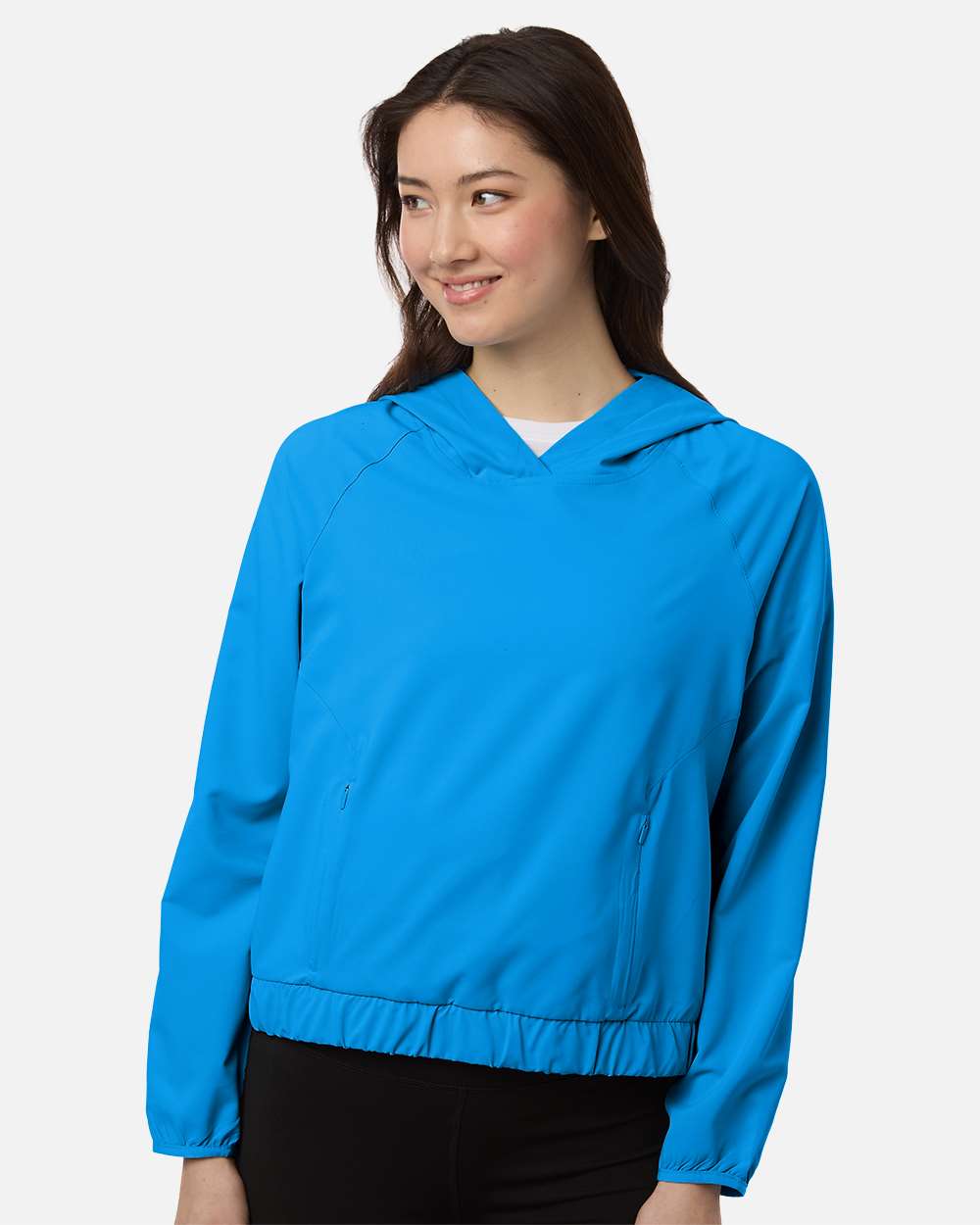 Custom sun shirts, Electric Blue women's UPF hooded pullover on model, front