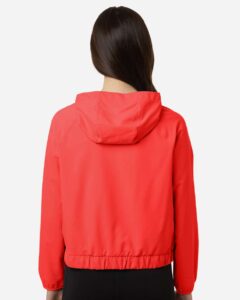 Custom sun shirts, Marina Red women's UPF hooded pullover on model, back