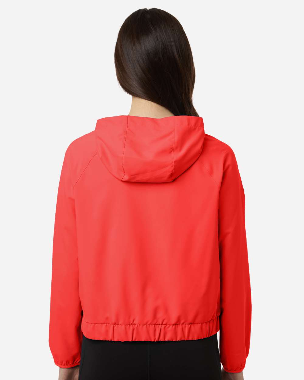 Custom sun shirts, Marina Red women's UPF hooded pullover on model, back