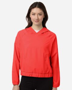 Custom sun shirts, Marina Red women's UPF hooded pullover on model, front
