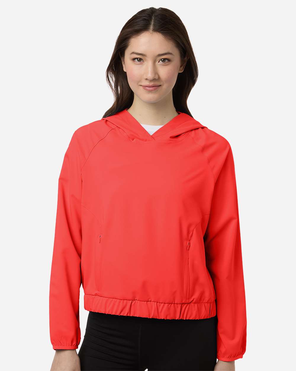 Custom sun shirts, Marina Red women's UPF hooded pullover on model, front