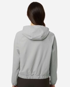 Custom sun shirts, Platinum women's UPF hooded pullover on model, back