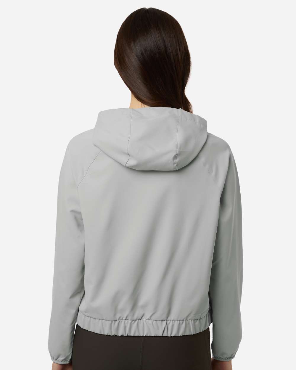 Custom sun shirts, Platinum women's UPF hooded pullover on model, back