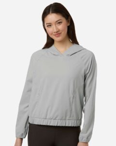 Custom sun shirts, Platinum women's UPF hooded pullover on model, front