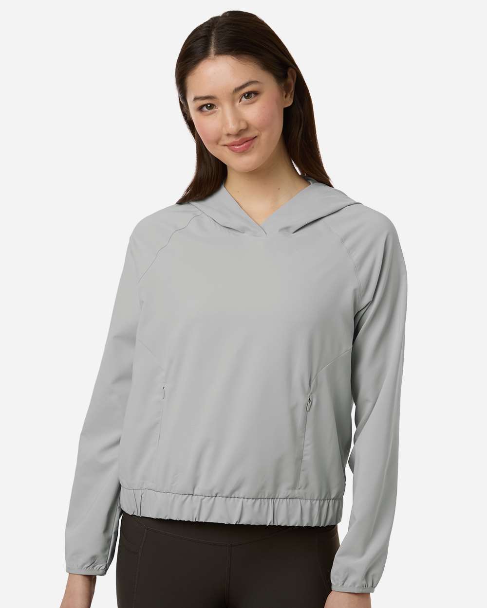 Custom sun shirts, Platinum women's UPF hooded pullover on model, front