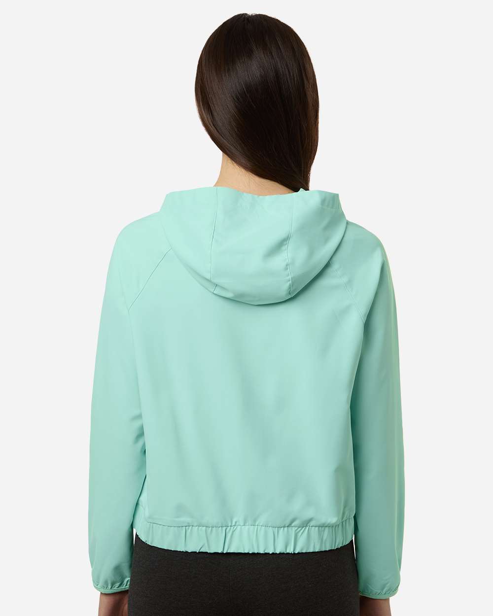 Custom sun shirts, Sea Glass women's UPF hooded pullover on model, back