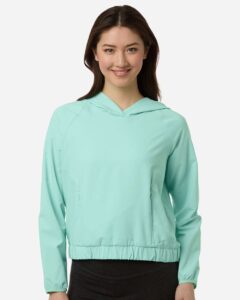 Custom sun shirts, Sea Glass women's UPF hooded pullover on model, front