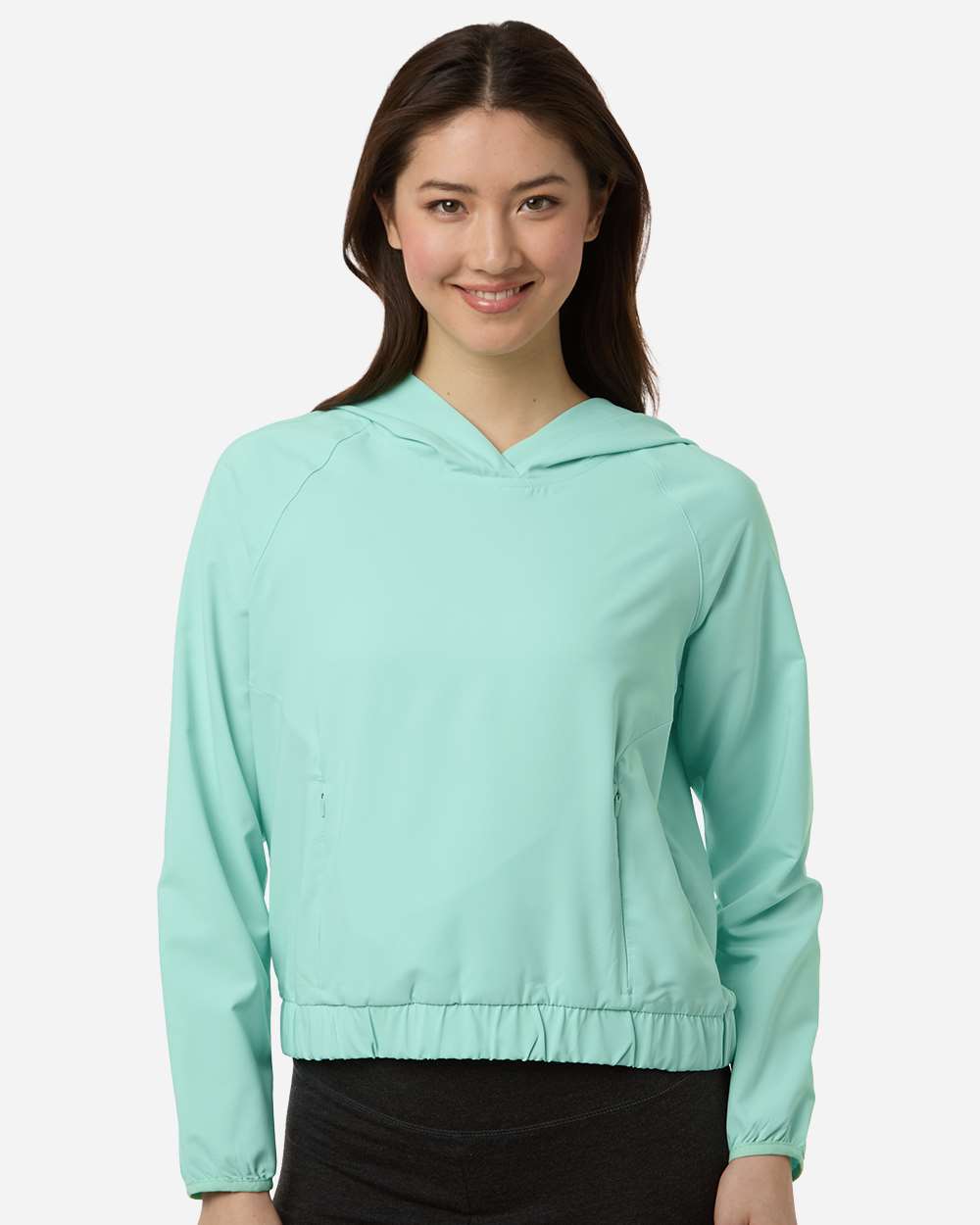 Custom sun shirts, Sea Glass women's UPF hooded pullover on model, front