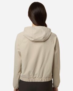 Custom sun shirts, Stone women's UPF hooded pullover on model, back