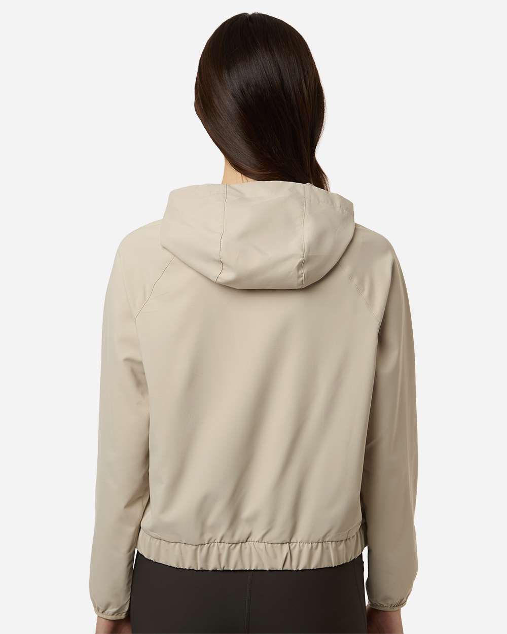 Custom sun shirts, Stone women's UPF hooded pullover on model, back