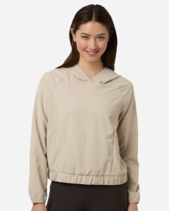 Custom sun shirts, Stone women's UPF hooded pullover on model, front