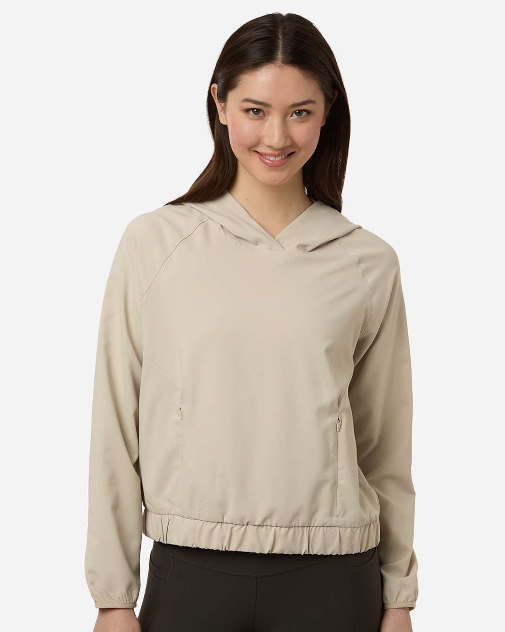Custom sun shirts, Stone women's UPF hooded pullover on model, front