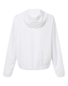 Custom sun shirts, White women's UPF hooded pullover, back view