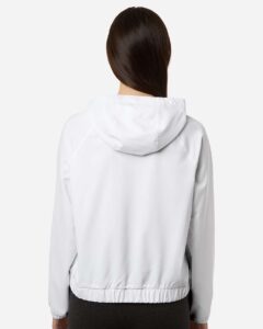 Custom sun shirts, White women's UPF hooded pullover on model, back
