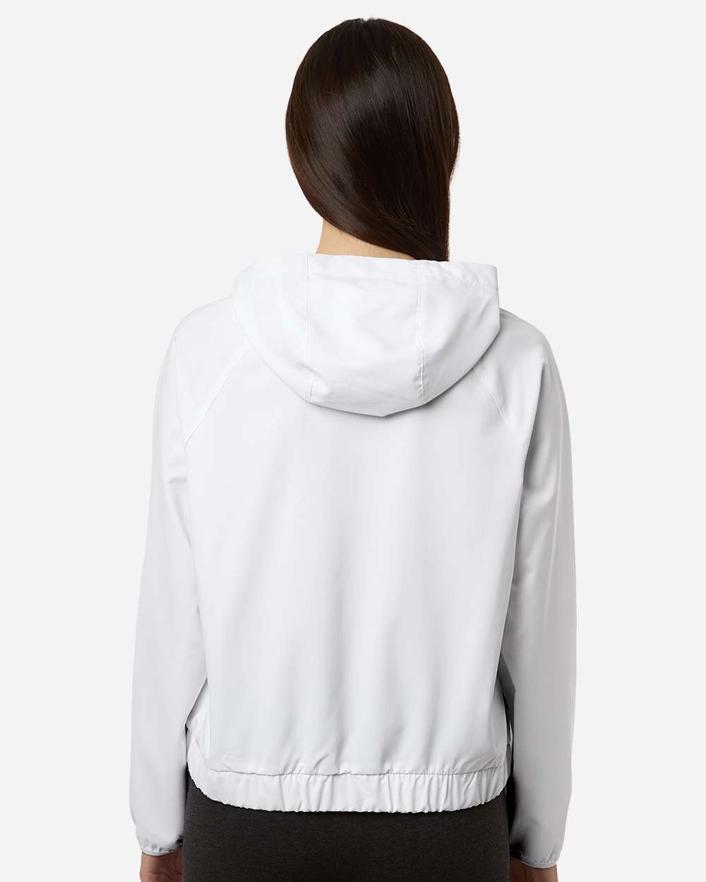 Custom sun shirts, White women's UPF hooded pullover on model, back