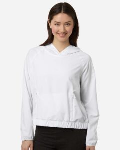 Custom sun shirts, White women's UPF hooded pullover on model, front