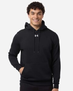 Custom team hoodies, Black / White Under Armour Icon fleece hoodie on model, front